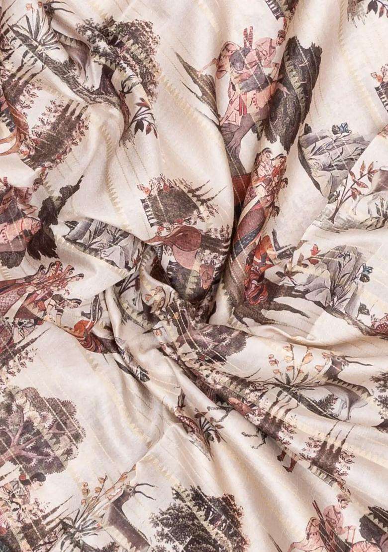 Cream Printed Synthetic Dola Silk Saree With Zari Stripes Border For Women - Indya