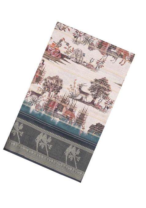Cream Printed Synthetic Dola Silk Saree With Zari Stripes Border For Women