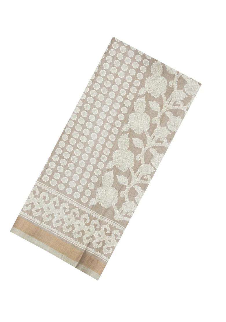 Taupe Printed Synthetic Kotha Silk Saree With Zari Border For Women - Indya