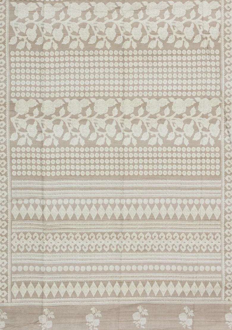 Taupe Printed Synthetic Kotha Silk Saree With Zari Border For Women - Indya