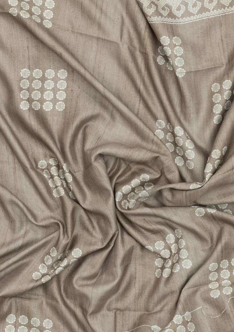 Taupe Printed Synthetic Kotha Silk Saree With Zari Border For Women - Indya