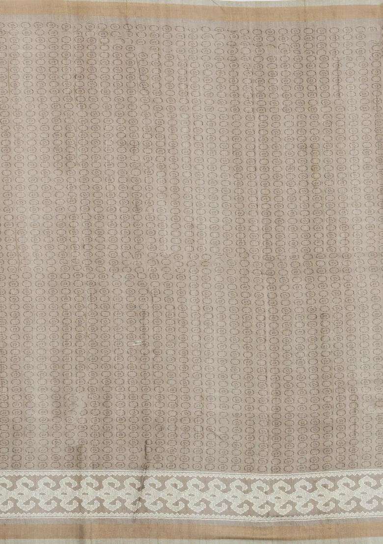 Taupe Printed Synthetic Kotha Silk Saree With Zari Border For Women - Indya
