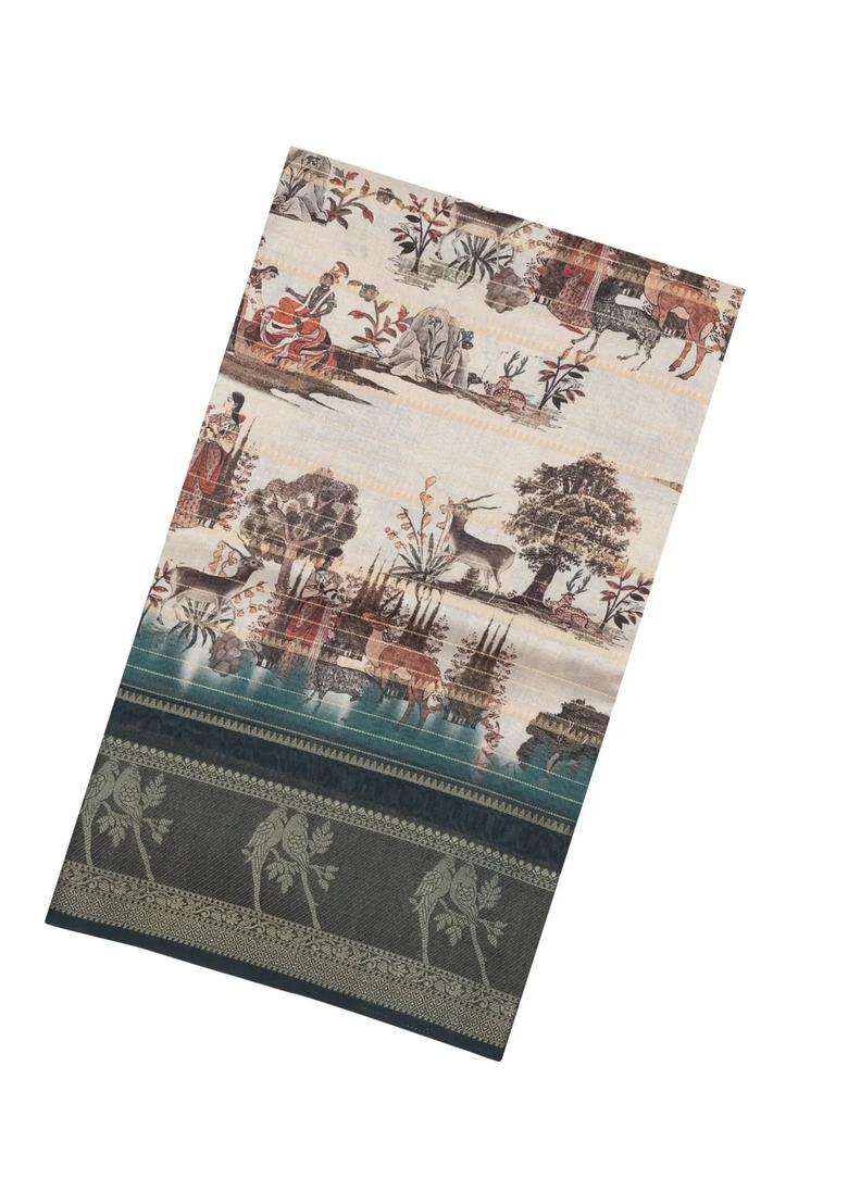 Cream Printed Synthetic Dola Silk Saree With Zari Stripes Border For Women - Indya