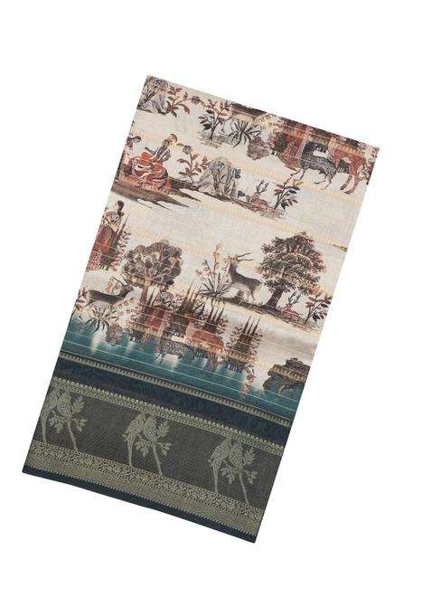 Cream Printed Synthetic Dola Silk Saree With Zari Stripes Border For Women
