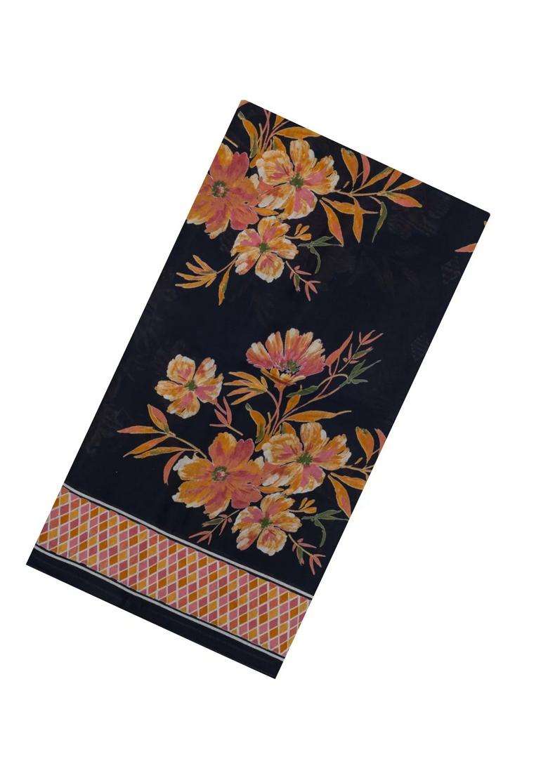 Black Printed Synthetic Silk Tussar Saree With Jhalar For Women - Indya