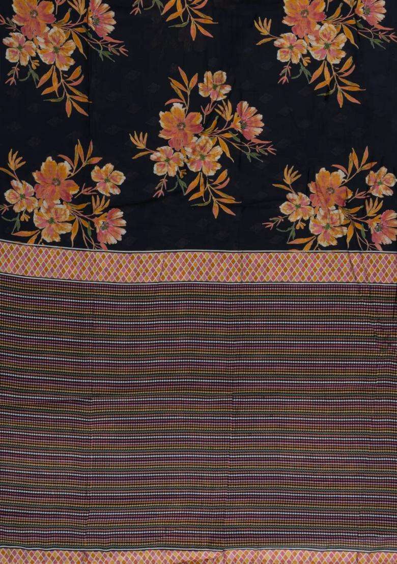 Black Printed Synthetic Silk Tussar Saree With Jhalar For Women - Indya