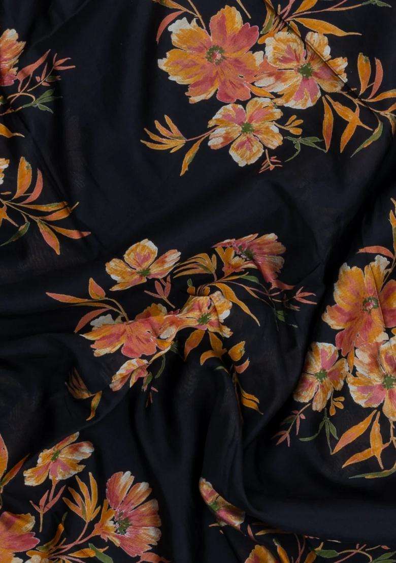 Black Printed Synthetic Silk Tussar Saree With Jhalar For Women - Indya