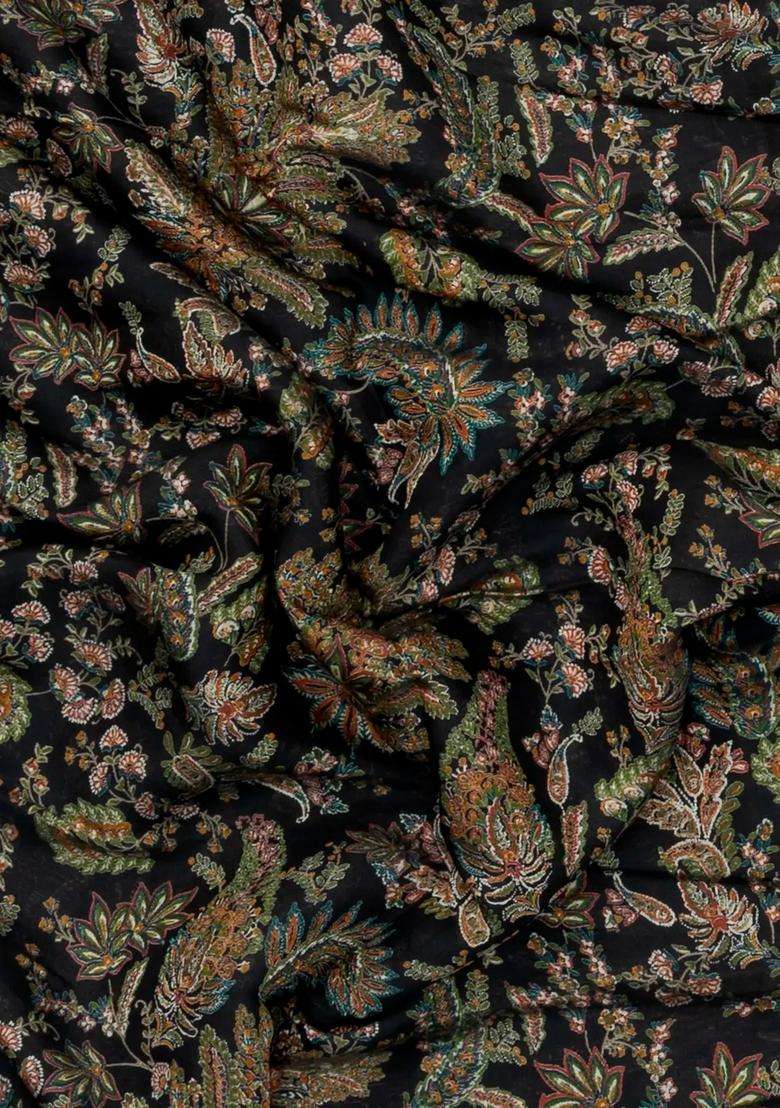 Black Printed Synthetic Dola Silk Saree With Viscose Border For Women - Indya