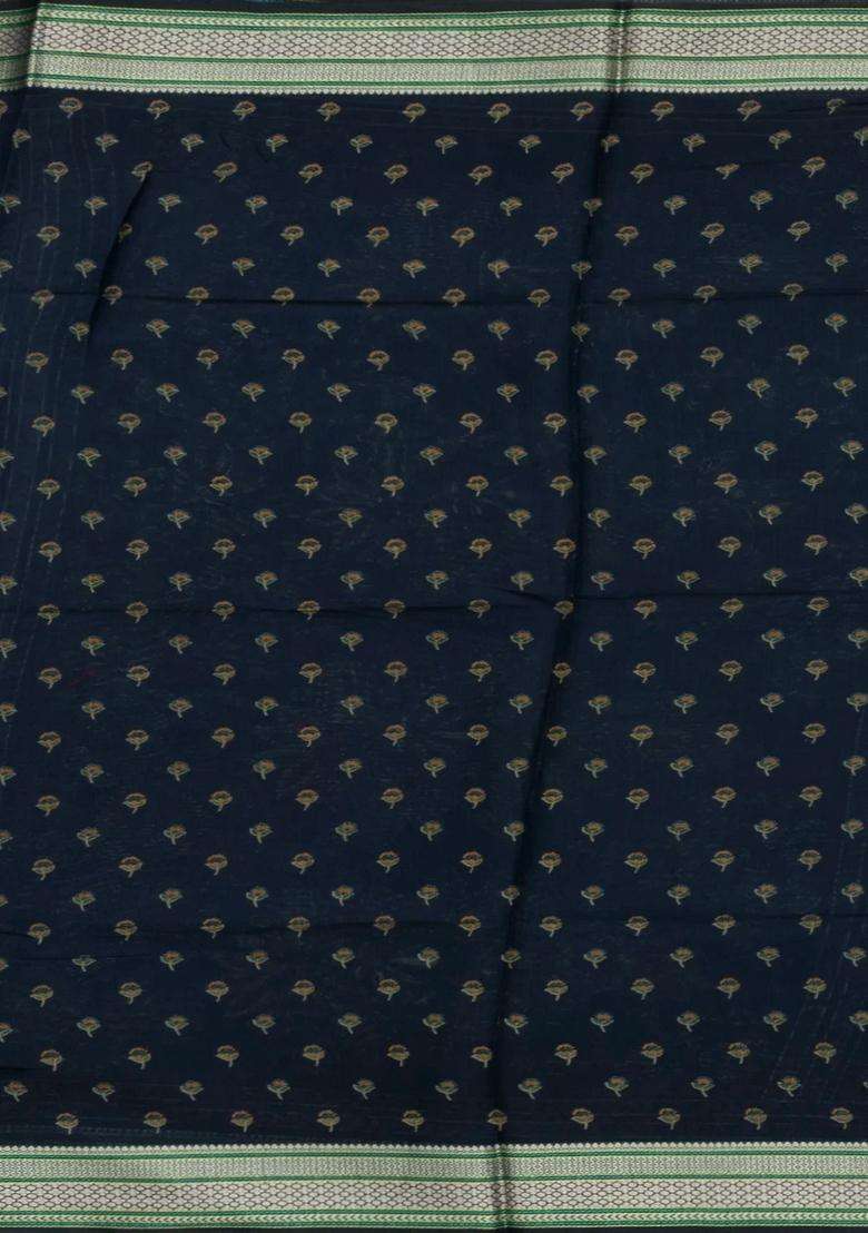 Navy Blue Printed Synthetic Dola Silk Saree With Viscose Border For Women - Indya