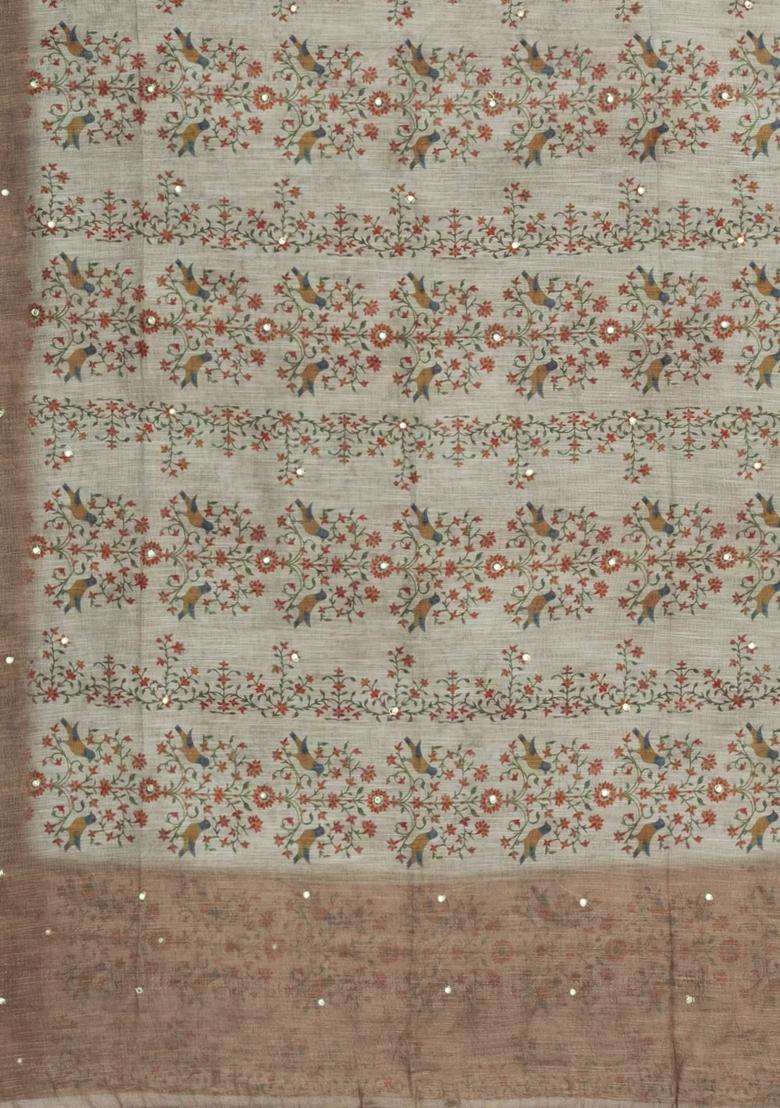 Taupe Printed Synthetic Linen Saree Mirror Work For Women - Indya