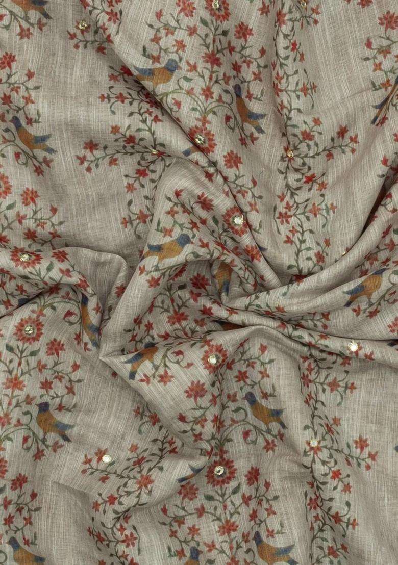 Taupe Printed Synthetic Linen Saree Mirror Work For Women - Indya