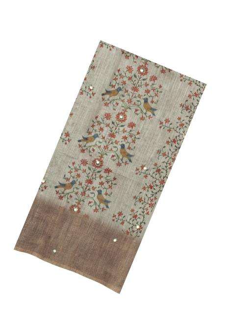 Taupe Printed Synthetic Linen Saree Mirror Work For Women