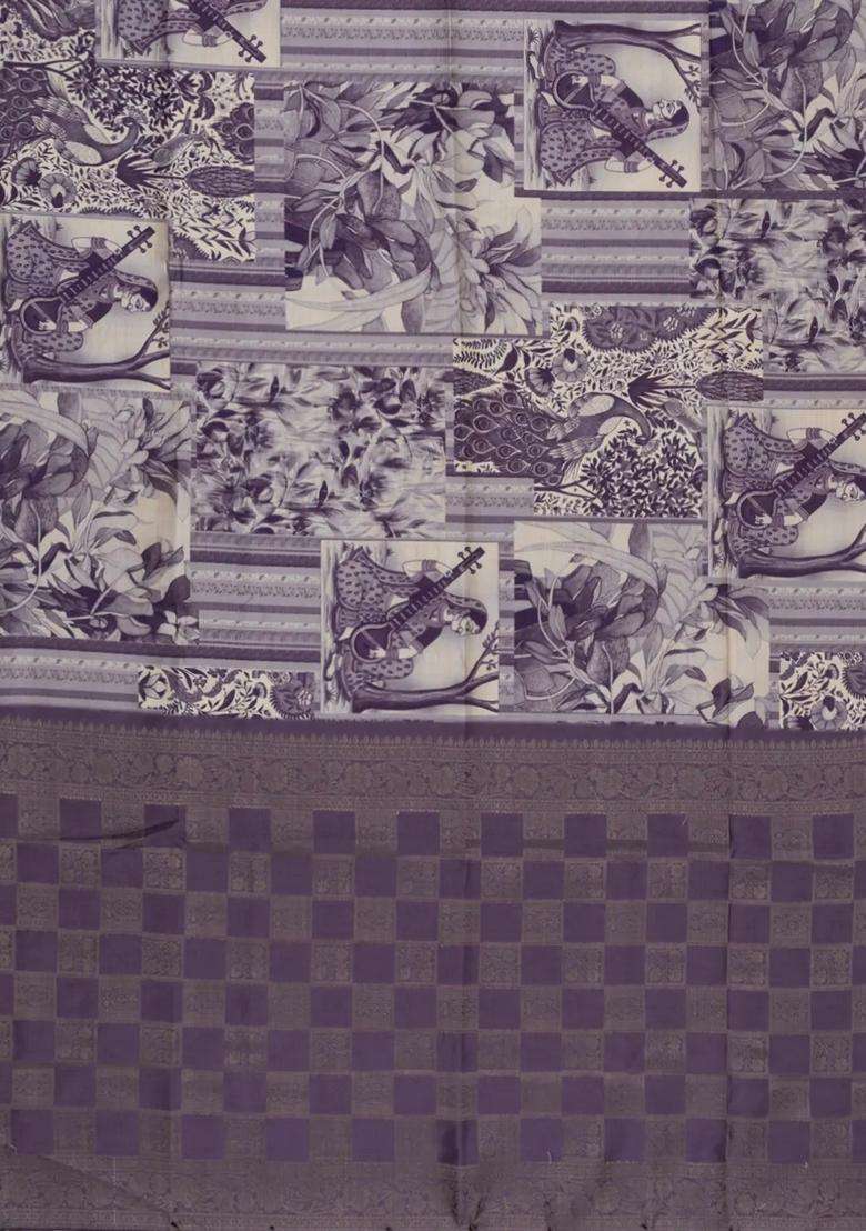 Lilac Printed Synthetic Silk Tussar Silk Saree With Zari Border For Women - Indya