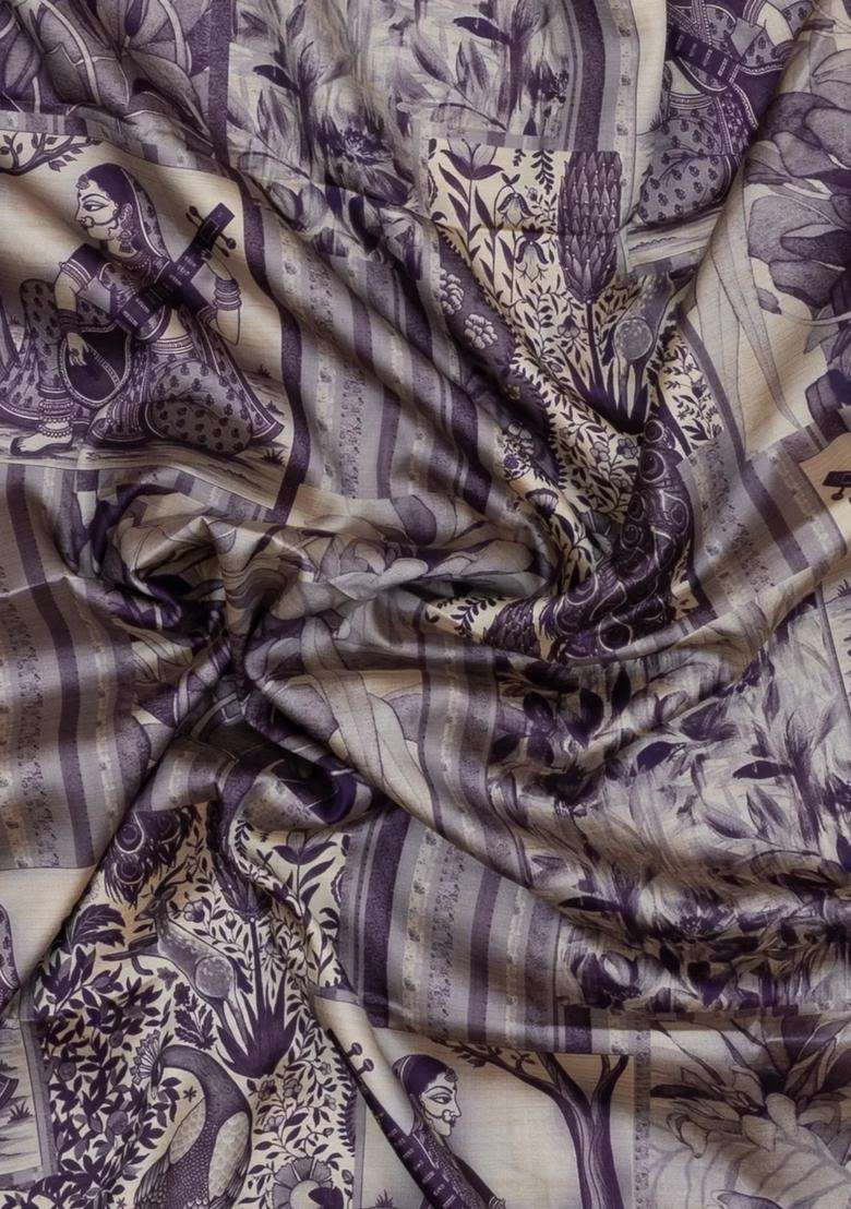 Lilac Printed Synthetic Silk Tussar Silk Saree With Zari Border For Women - Indya
