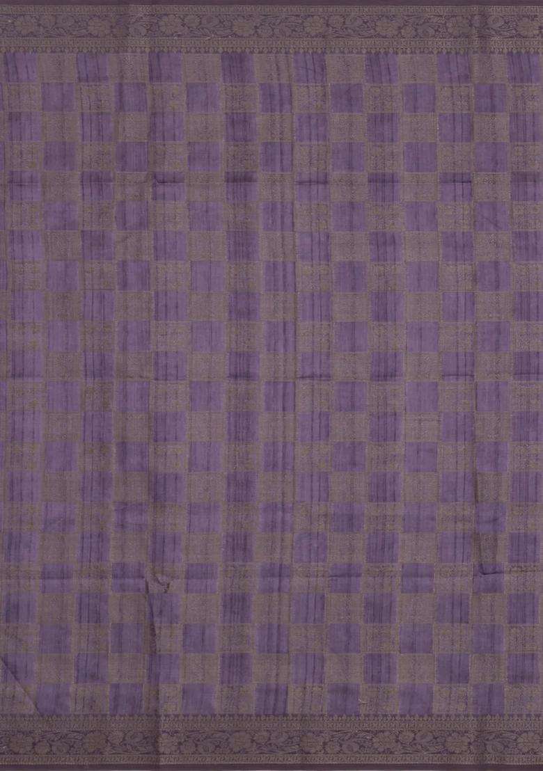 Lilac Printed Synthetic Silk Tussar Silk Saree With Zari Border For Women - Indya