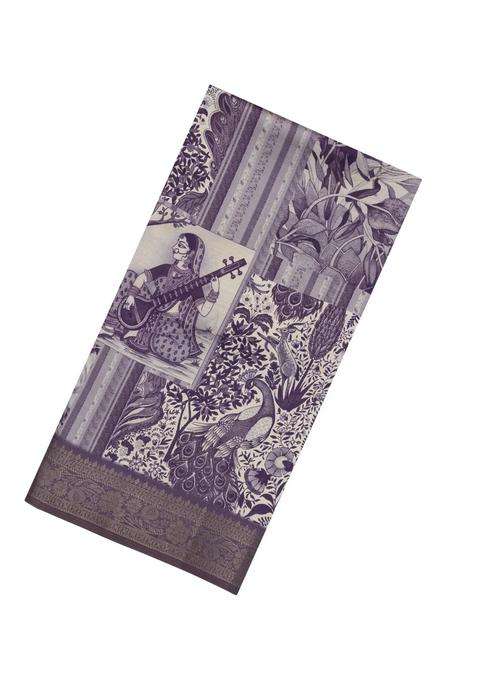 Lilac Printed Synthetic Silk Tussar Silk Saree With Zari Border For Women