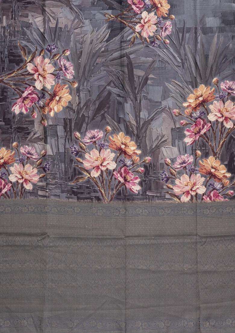 Grey Printed Synthetic Silk Tussar Silk Saree With Zari Border For Women - Indya