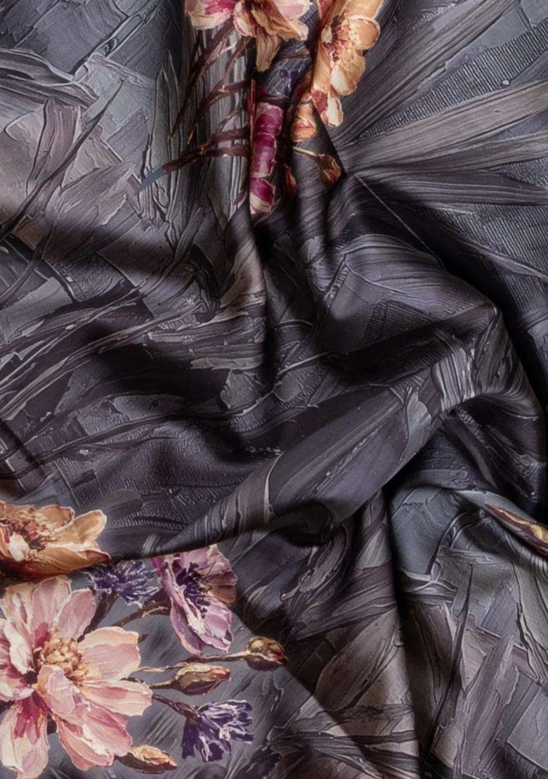 Grey Printed Synthetic Silk Tussar Silk Saree With Zari Border For Women - Indya