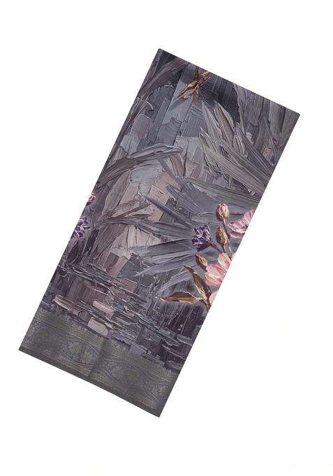 Grey Printed Synthetic Silk Tussar Silk Saree With Zari Border For Women