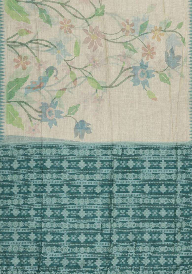Cream Printed Art Chanderi Silk Cotton Saree With Jhalar For Women - Indya