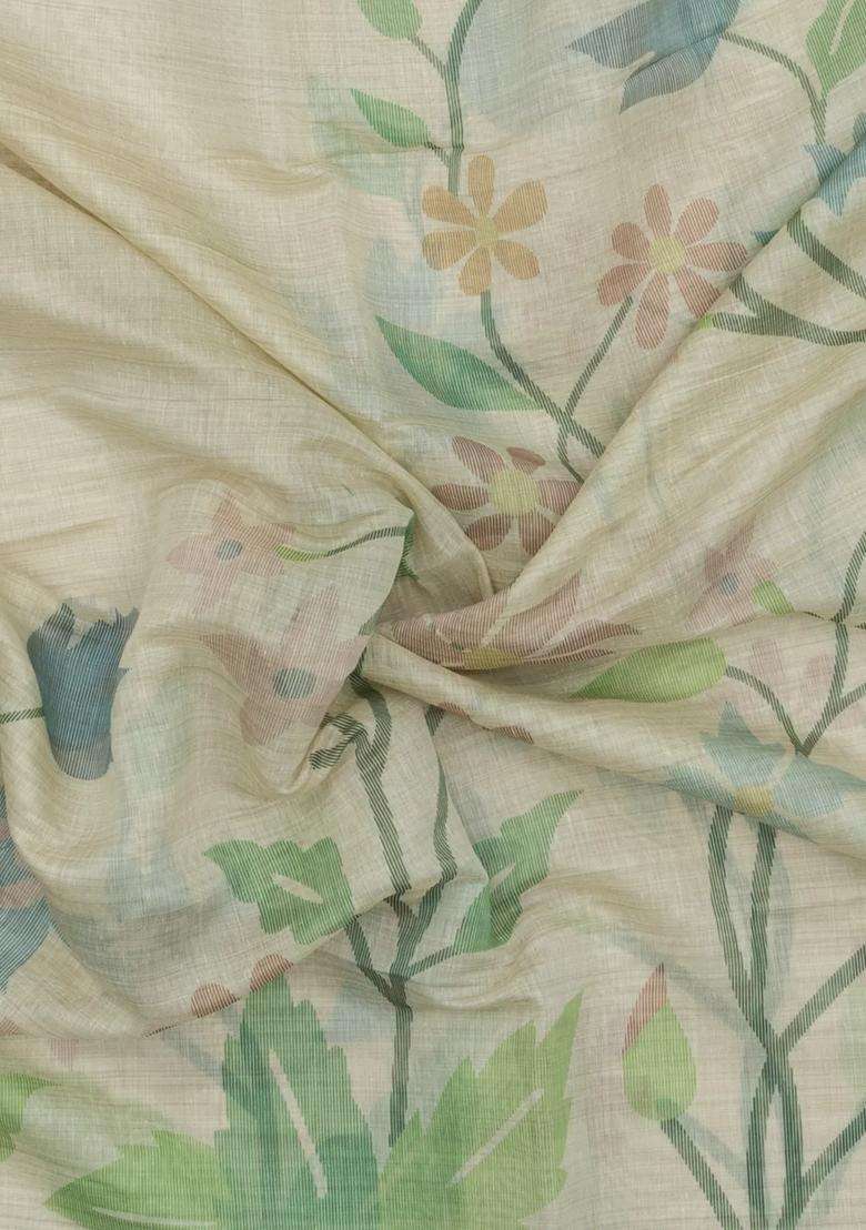 Cream Printed Art Chanderi Silk Cotton Saree With Jhalar For Women - Indya