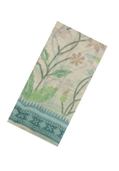 Cream Printed Art Chanderi Silk Cotton Saree With Jhalar For Women