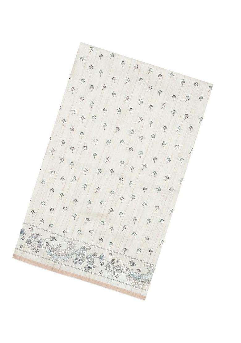 Off White Printed Synthetic Dupion Art Silk Saree With Zari Border For Women - Indya