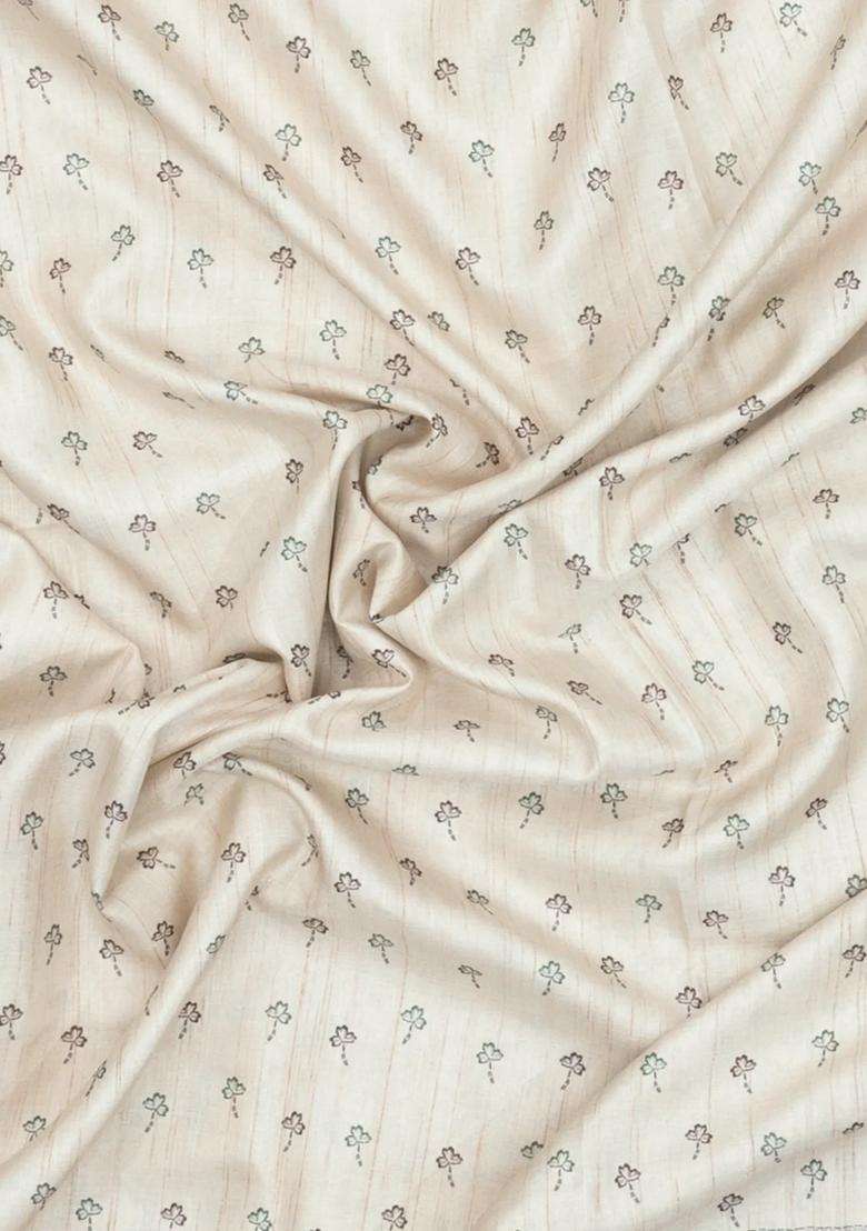 Off White Printed Synthetic Dupion Art Silk Saree With Zari Border For Women - Indya