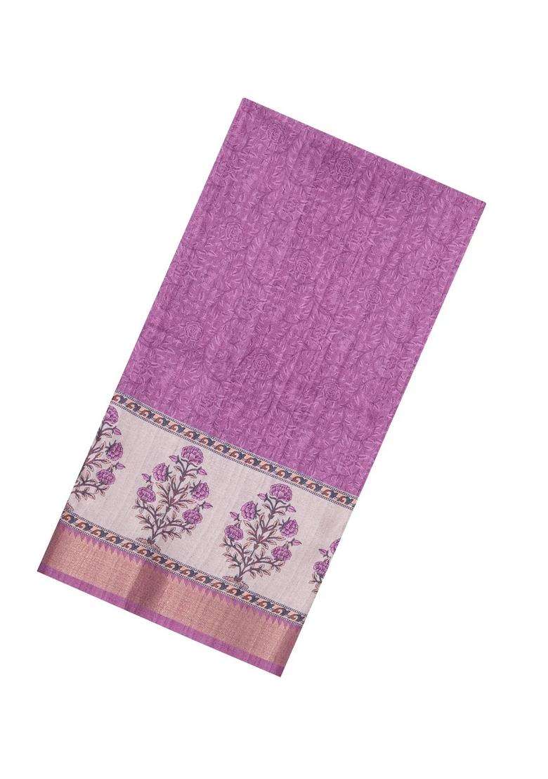 Pink Printed Synthetic Tussar Silk Saree With Zari Border For Women - Indya