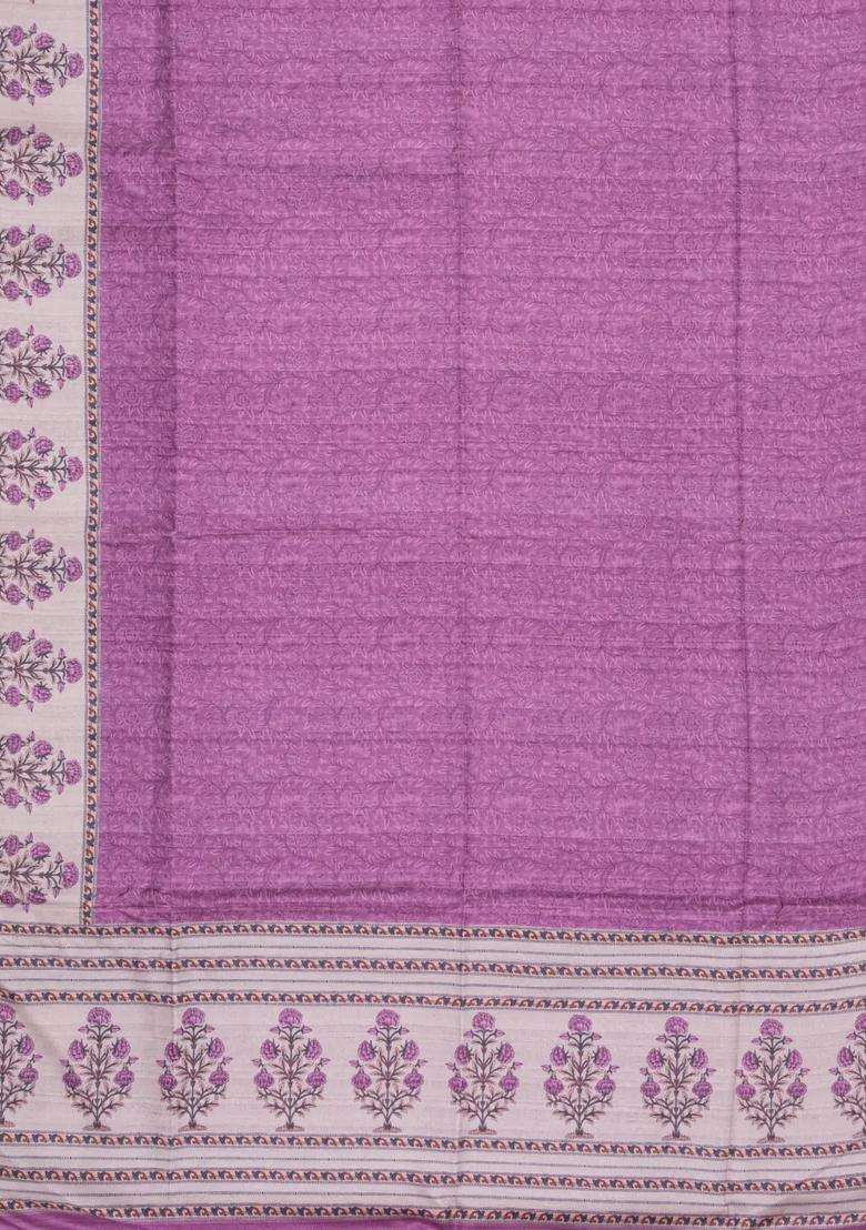 Pink Printed Synthetic Tussar Silk Saree With Zari Border For Women - Indya