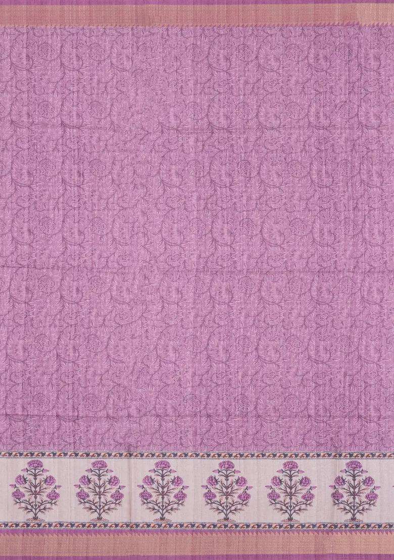 Pink Printed Synthetic Tussar Silk Saree With Zari Border For Women - Indya