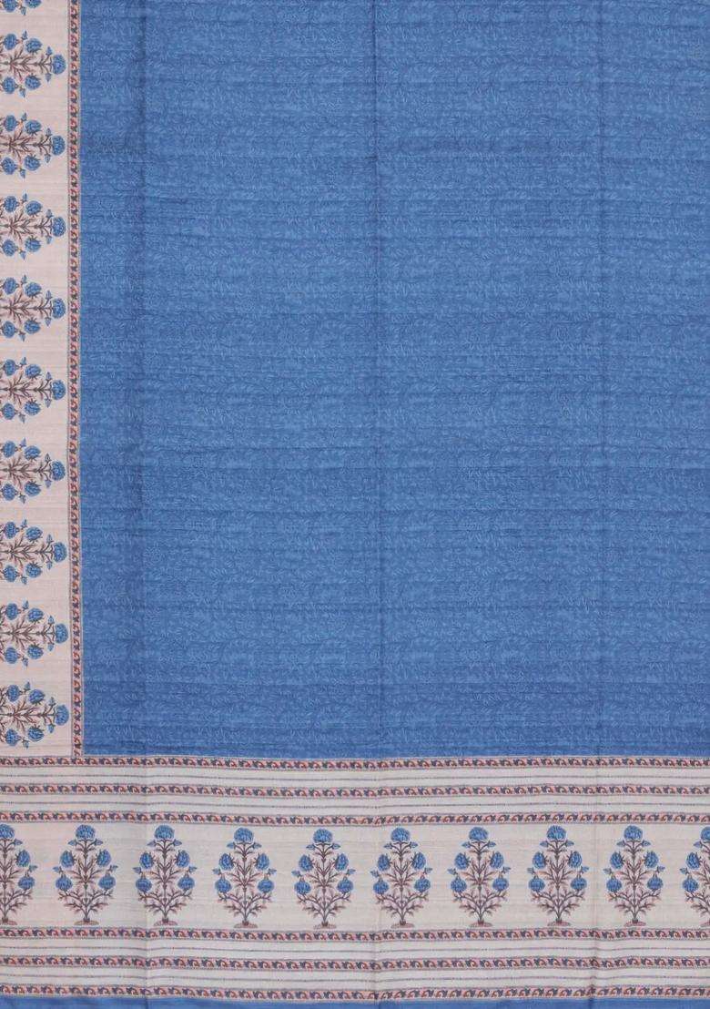 Steel Blue Printed Synthetic Tussar Silk Saree With Zari Border For Women - Indya