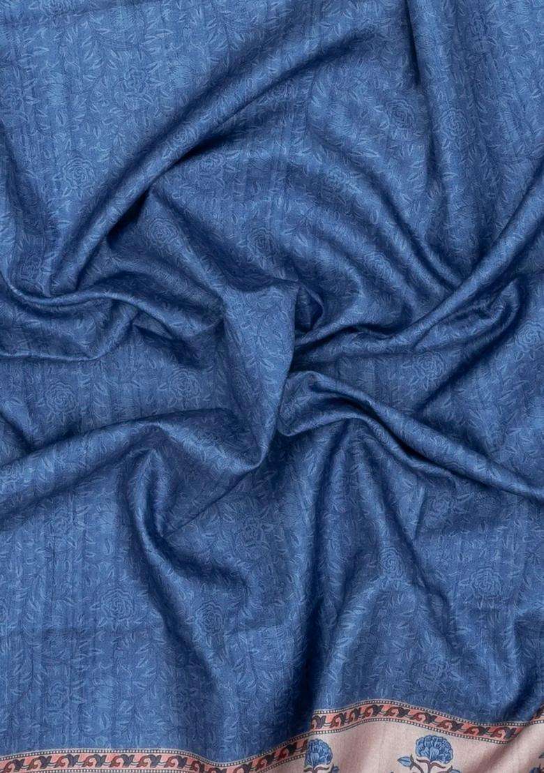 Steel Blue Printed Synthetic Tussar Silk Saree With Zari Border For Women - Indya