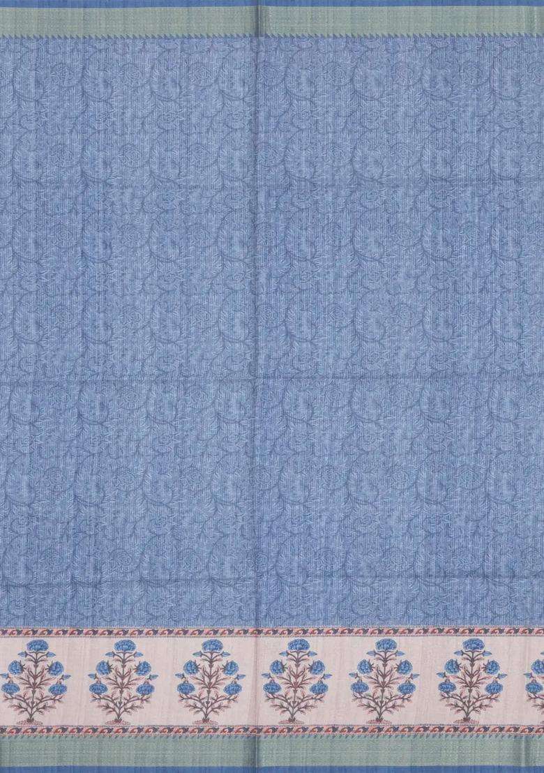 Steel Blue Printed Synthetic Tussar Silk Saree With Zari Border For Women - Indya