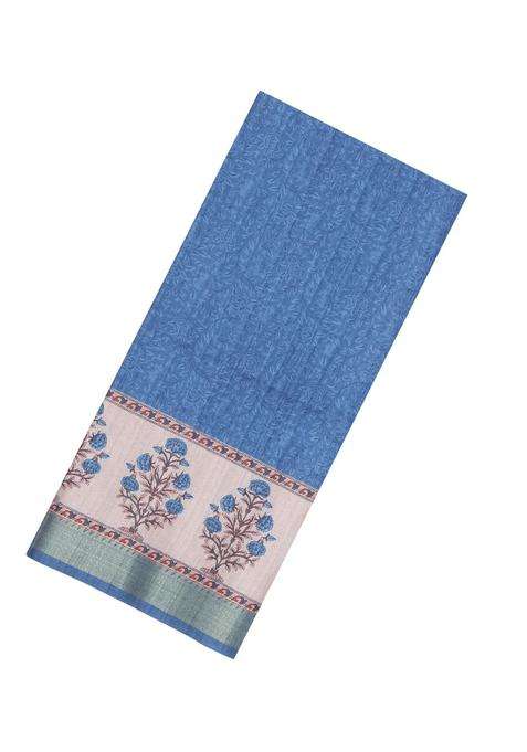 Steel Blue Printed Synthetic Tussar Silk Saree With Zari Border For Women