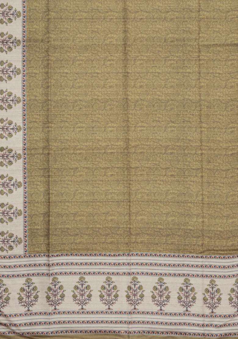 Olive Green Printed Synthetic Tussar Silk Saree With Zari Border For Women - Indya