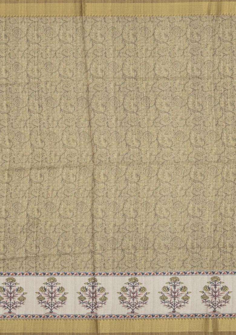 Olive Green Printed Synthetic Tussar Silk Saree With Zari Border For Women - Indya
