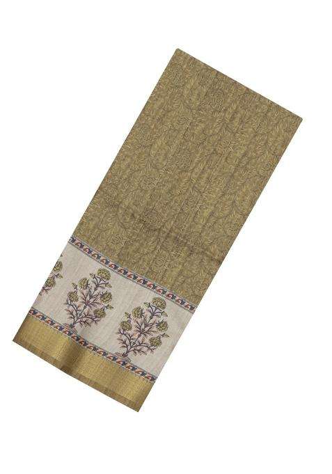 Olive Green Printed Synthetic Tussar Silk Saree With Zari Border For Women