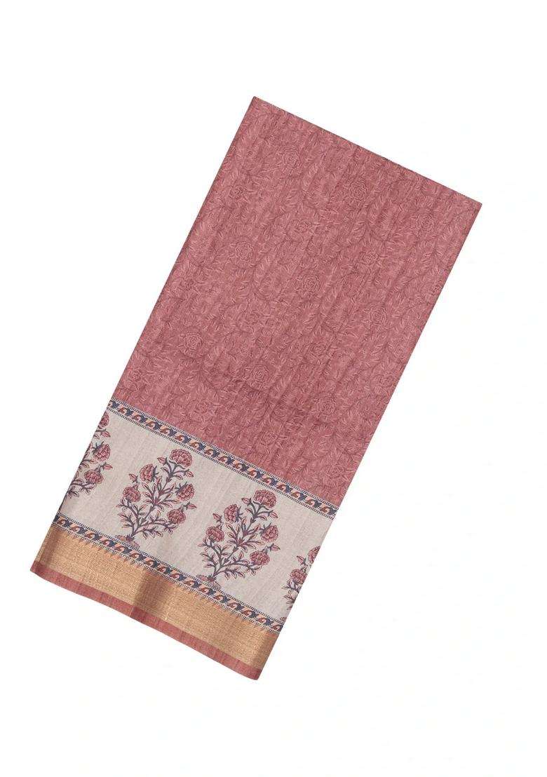 Dusty Peach Printed Synthetic Tussar Silk Saree With Zari Border For Women - Indya