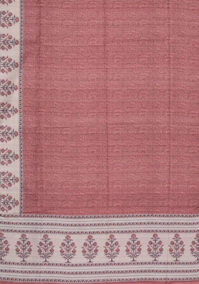 Dusty Peach Printed Synthetic Tussar Silk Saree With Zari Border For Women - Indya