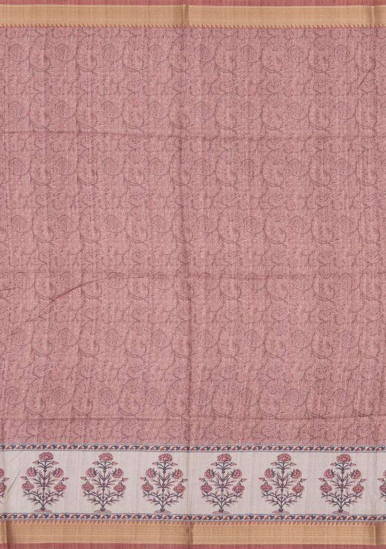 Dusty Peach Printed Synthetic Tussar Silk Saree With Zari Border For Women - Indya