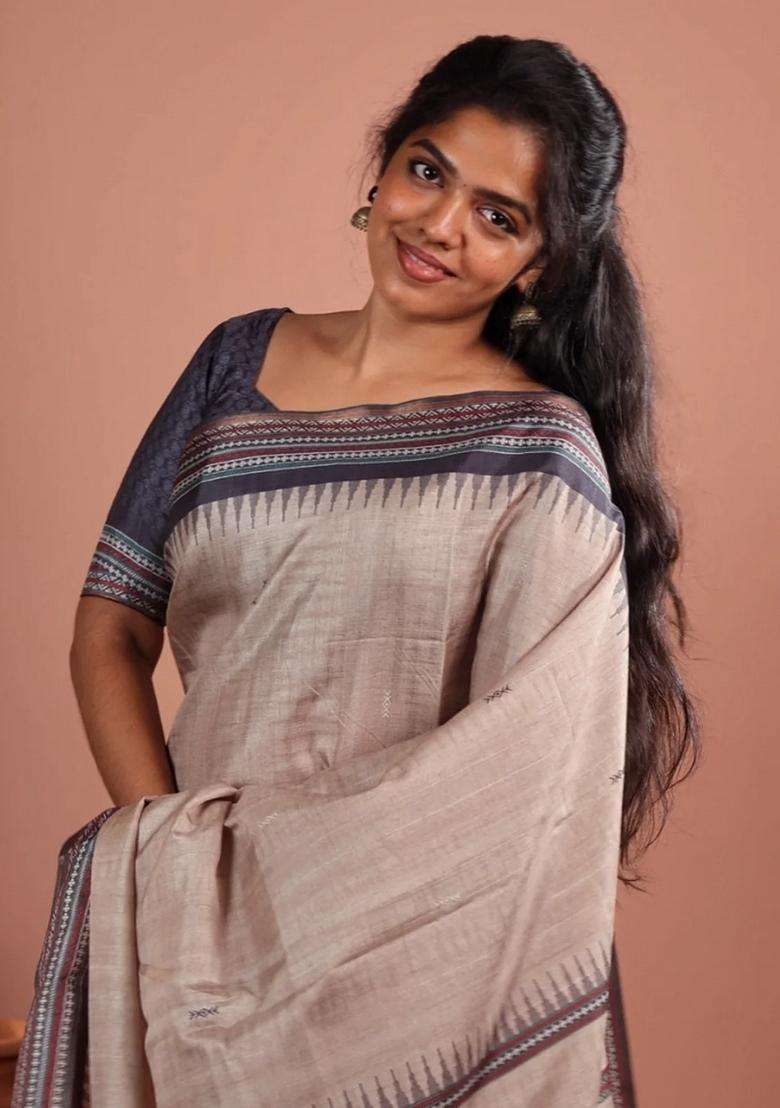 Taupe Printed Synthetic Tussar Silk Saree With Thread Border For Women - Indya