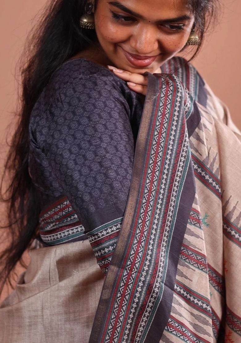 Taupe Printed Synthetic Tussar Silk Saree With Thread Border For Women - Indya