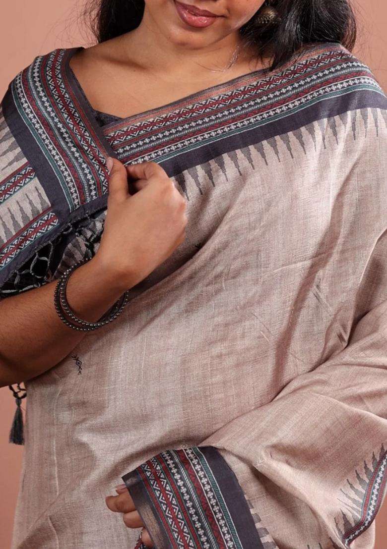 Taupe Printed Synthetic Tussar Silk Saree With Thread Border For Women - Indya