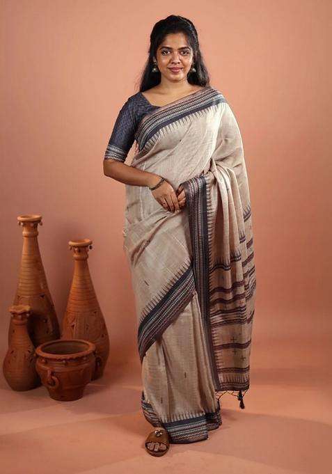 Taupe Printed Synthetic Tussar Silk Saree With Thread Border For Women