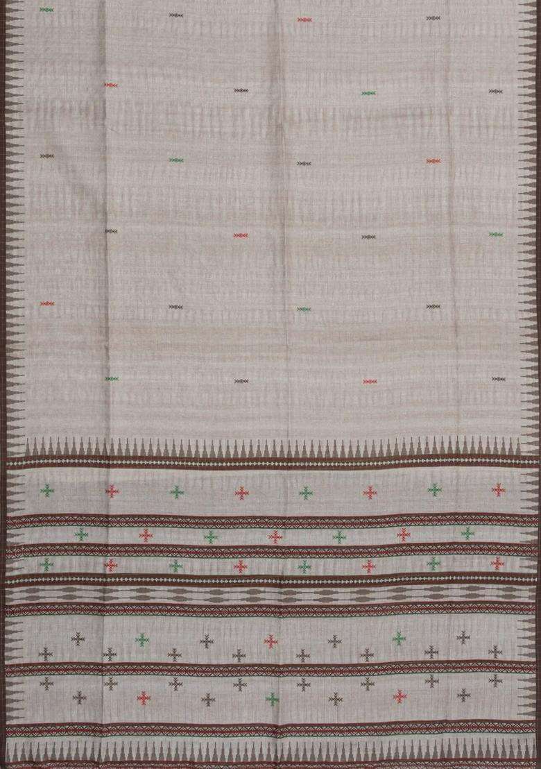 Grey Printed Synthetic Tussar Silk Saree With Thread Border For Women - Indya