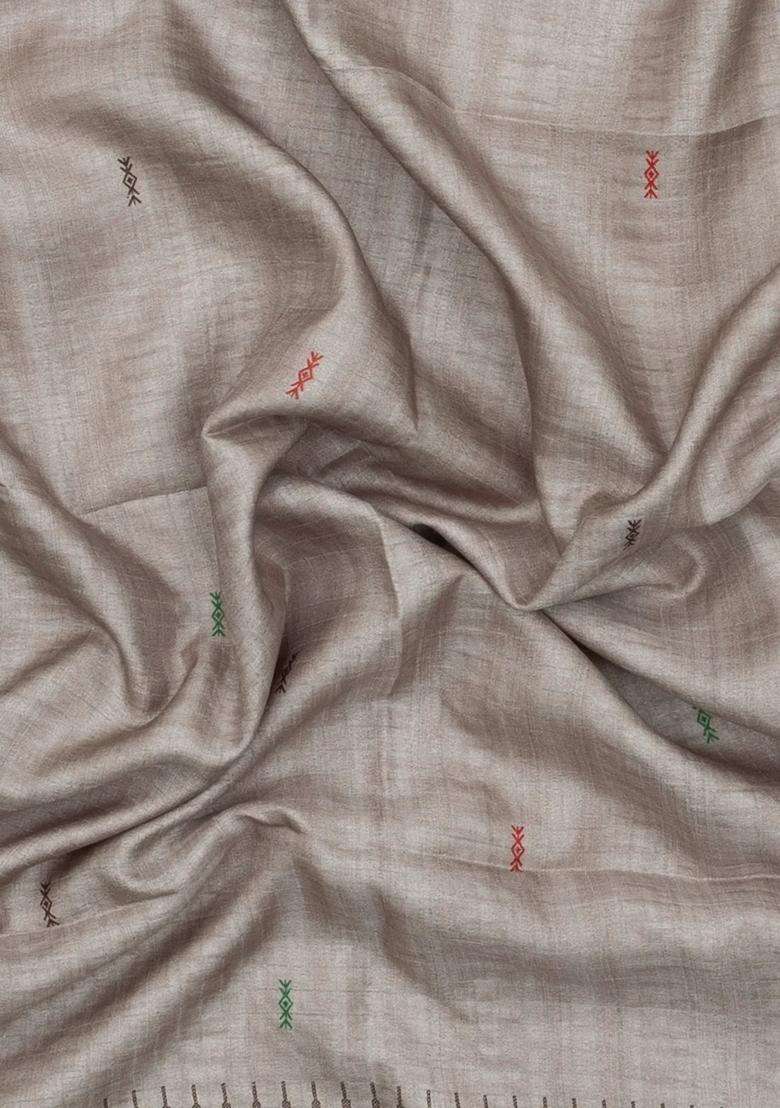 Grey Printed Synthetic Tussar Silk Saree With Thread Border For Women - Indya