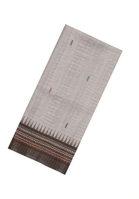 Grey Printed Synthetic Tussar Silk Saree With Thread Border For Women