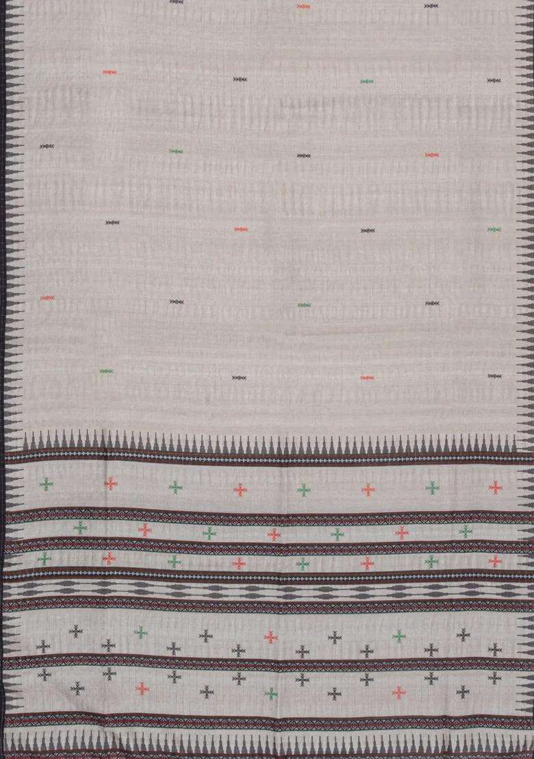 Grey Printed Synthetic Tussar Silk Saree With Thread Border For Women - Indya