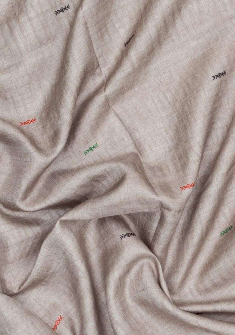 Grey Printed Synthetic Tussar Silk Saree With Thread Border For Women - Indya
